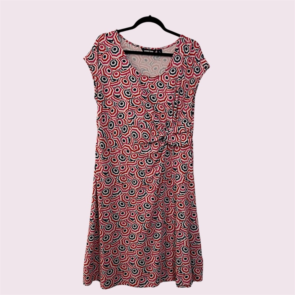 Lands’ End Large Pink/Blue/White Umbrella Print Cap Sleeve Dress, EUC
